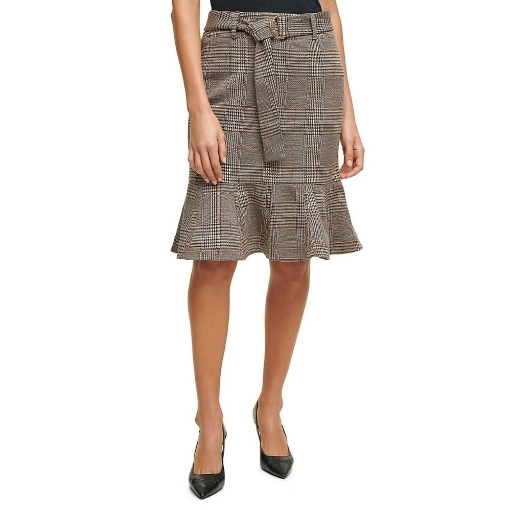 NWT Calvin Klein Brown Plaid Belted Skirt
